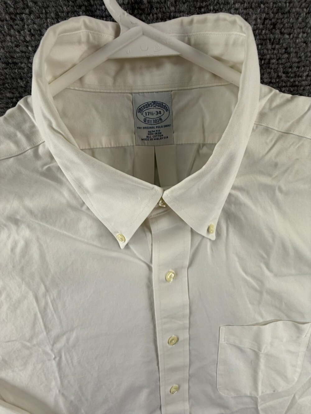Brooks Brothers Non-Iron 17.5 34 Cotton Slim Button-Down White Solid Pocket Men